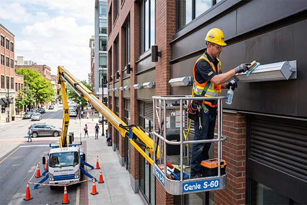 A technician on a lift cleaning and adjusting an exterior LED fixture on a building